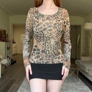 NWT‎ BCBGMAXAZRIA Women’s Animal Print Knit Sequin Pullover Sweater Size S Brown